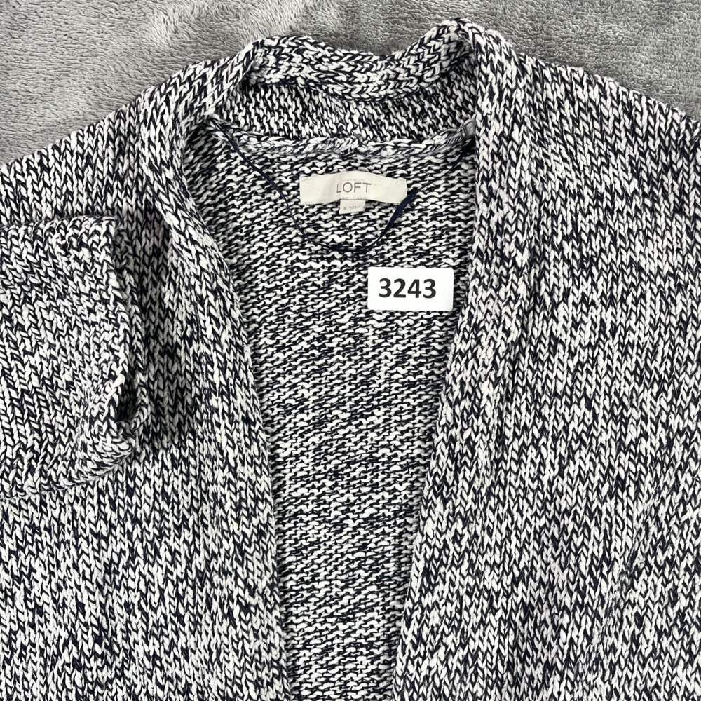 LOFT Open Front Cardigan Women S Blue White Marled Chunky Knit Cotton Sweater